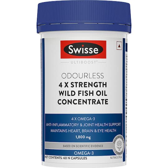 Swisse Ultiboost Odourless 4X Strength Wild Fish Oil Supplement with (1800MG) Concentrated Omega 3 for Joint, Heart, Brain & Eye Health (60 Tablets)