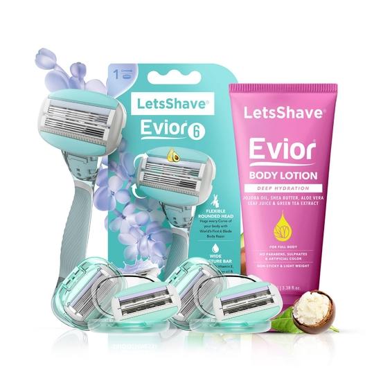 LetsShave Evior 6 Shaving Razor + Shaving Razor Blade 4Pcs + Whipped Shave Cream 150g for Women