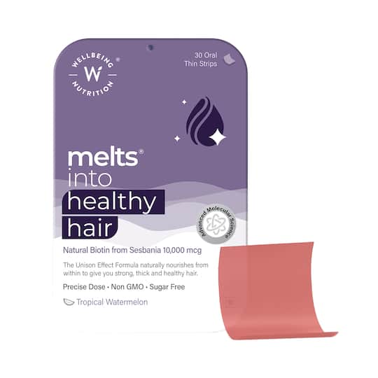 Wellbeing Nutrition Melts Healthy Hair with Plant Based Wholefood Biotin 10,000 mcg from Sesbania, Zinc, Bamboo Extract (30 Strips)
