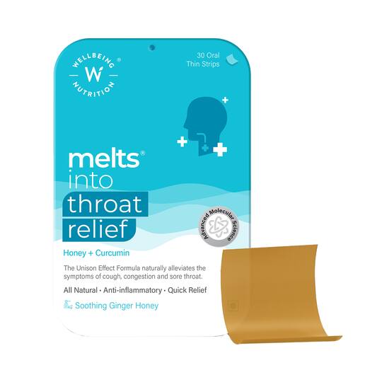 Wellbeing Nutrition Melts Instant Throat Relief with 100% Natural Tulsi Manuka Honey Clove Licorice Curcumin Ginger Mint (30 Strips)