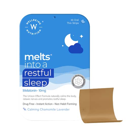 Wellbeing Nutrition Melts Restful Sleep- Drug-free, 10mg Plant-Based Melatonin for Insomnia Relief (30 Strips)