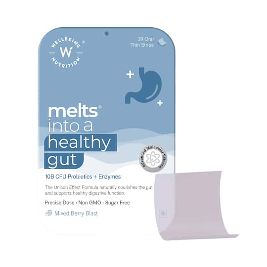 Wellbeing Nutrition Melts Healthy Gut Probiotic 10B CFU, Digestive Enzymes & FOS For Indigestion, Gas, Acidity (30 Strips)