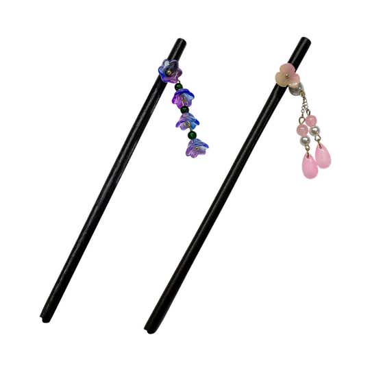 Majestique Wooden Hair Sticks with Pink and Blue Charms (2 pcs)