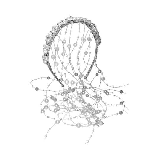 Majestique Bridal Pearl Tassel Hairband with Crystals - White