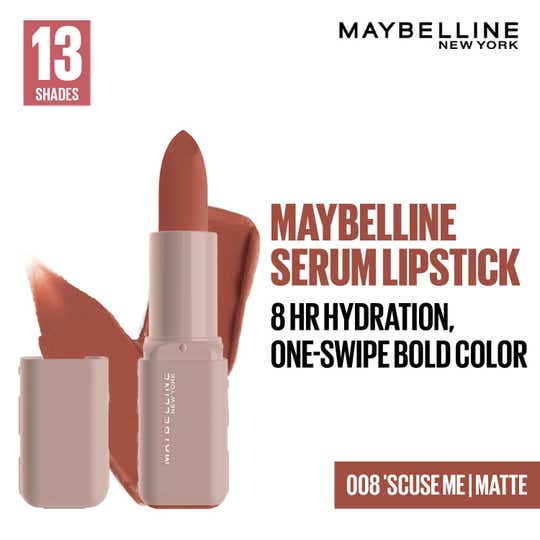 Maybelline New York Serum Lipstick (Matte) 8Hr Hydration + one-swipe bold color - 008 'Scuse Me (4.5g)