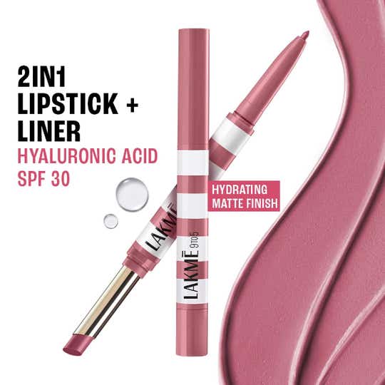 Lakme 9to5 Hya Beach Edit, Lipstick + Liner Duo, SPF Matte Finish Lipstick – Pro Pink, (2 + 0.2 g)