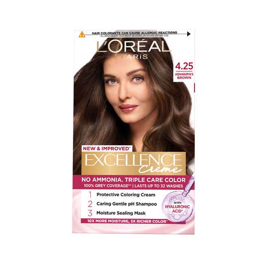 LOreal Paris New Excellence Creme Hair Color Hyaluronic Acid, 4.25 Aishwaryas Brown, (100gm + 72ml)