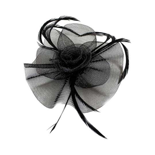 Majestique Elegant Fascinator Hat with Mesh Veil and Feather - Black