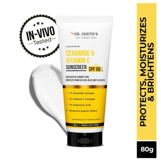 Dr. Sheth's Ceramide & Vitamin C Sunscreen SPF 50+ PA++++ In-Vivo Tested for Bright Skin (80g)