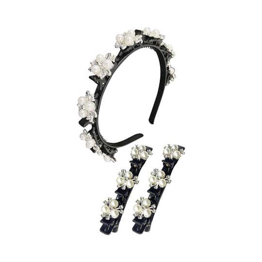 Majestique Double Layer Twist Plait Headband with Pearl Flower Alligator Clips (3 pcs)