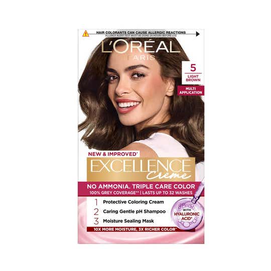 LOreal Paris New Excellence Creme Hair Color With Hyaluronic Acid, 5 Light Brown, (100gm + 72ml)