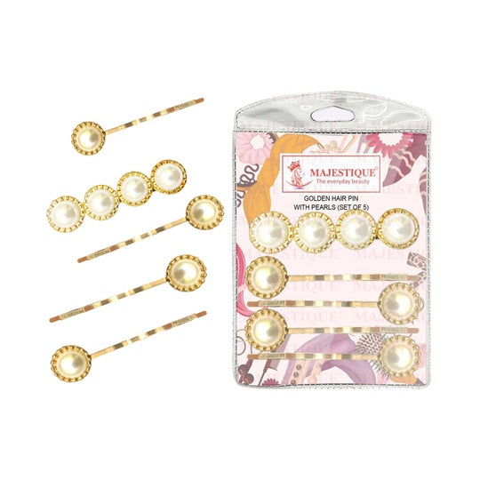 Majestique Stylish Pearl Golden Metal Korean Fancy Hair Pins (5 pcs)