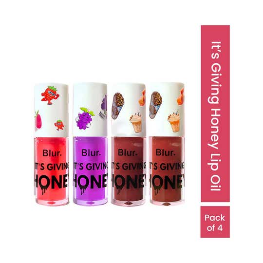 Blur India It's Giving Honey Lip Oil Pack - Strawberry Grape Hazelnut Burnt Honey (4 pcs)
