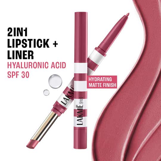 Lakme 9to5 Hya Beach Edit, Lipstick + Liner Duo,SPF Matte Finish Lipstick - Tanline Rose (2 + 0.2 g)