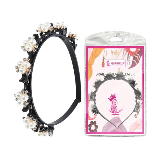 Majestique Stylish Braided Double Layer Twist Plait Plastic Headband with Elegant Flower