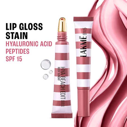 Lakme 9to5 Hya Beach Edit Lip Gloss Stain, Hydrating, Long Lasting, SPF 15 - 2 Rosy Sunday, (10 ml)