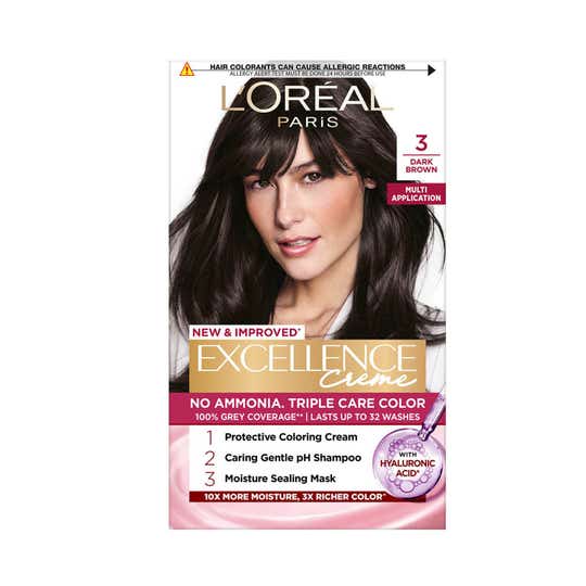 LOreal Paris New Excellence Creme Hair Color With Hyaluronic Acid, 3 Darkest Brown, (100gm + 72ml)