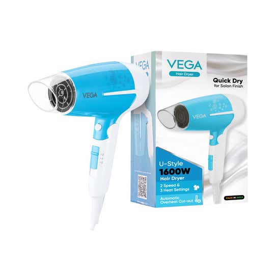 Vega U Style 1400-1600W Foldable Hair Dryer for Women & Men with 2 Speed/3 Heat Settings (VHDH-32)