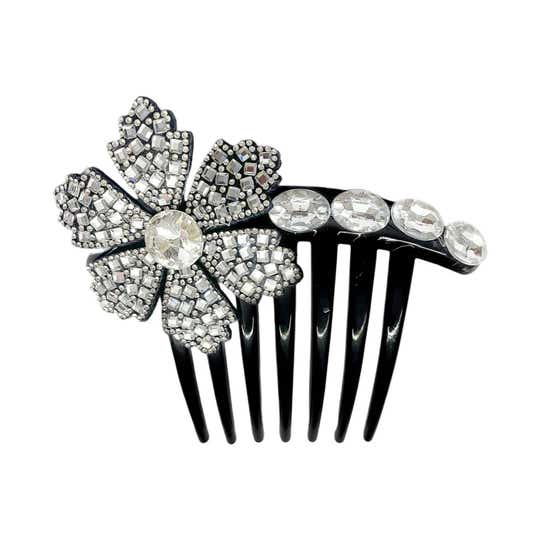 Majestique Rhinestone Flower Juda Hair Comb - Black