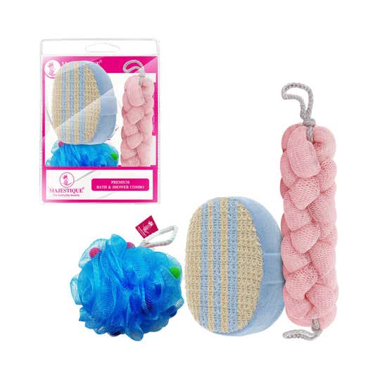 Majestique Bath & Shower Combo - Bath Sponge Bath Belt & Body Scrubber (3 pcs)