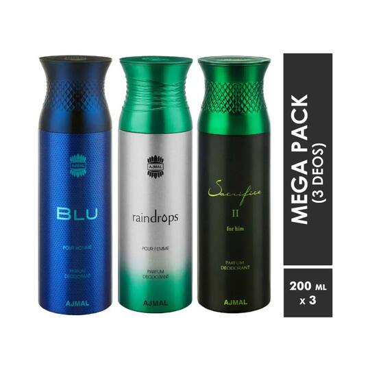 AJMAL Blu and Raindrops with Sacrifice II Deodorant Spray - Pack of 3 (200ml Each)