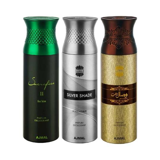 AJMAL Sacrifice II and Silver Shade with Wisal Dahab Deodorant Spray - Pack of 3 (200ml Each)