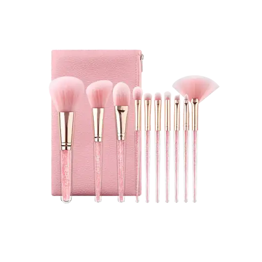 Allure Pink Diamond Crystal Makeup Brush with Pouch - (10Pcs)