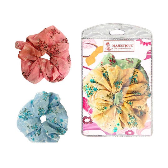 Majestique Georgette Hair Ties Scrunchies Elastics Leaf Print Bands (2 pcs)