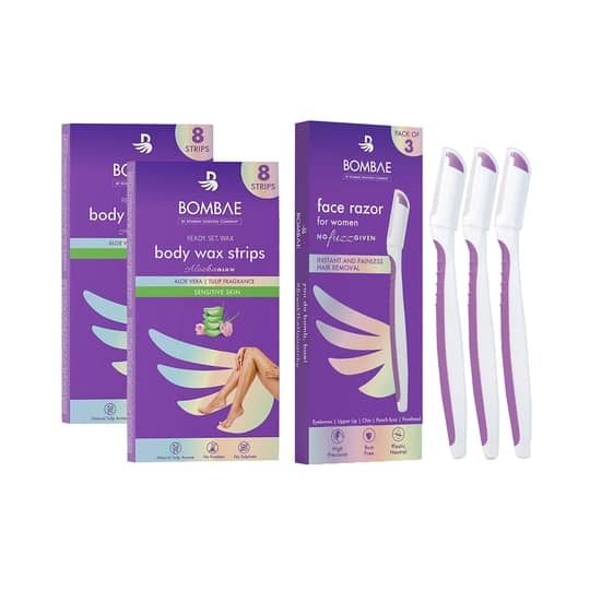 Bombae Full Body Wax Strips with Aloe Vera (10 pcs) & Reusable Face Razors (3 pcs) for Women Combo