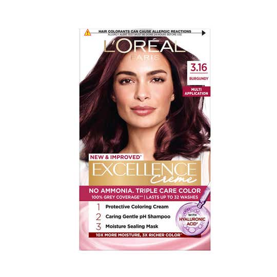 LOreal Paris New Excellence Creme Hair Color With Hyaluronic Acid, 3.16 Burgandy, (100gm + 72ml)