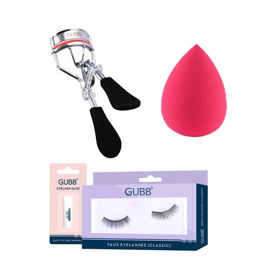 GUBB Makeup On The Go Combo (Beauty Blender Pink, Eyelash Curler & Eyelash Set Party) Combo