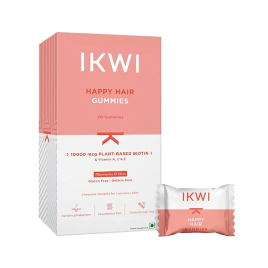 IKWI Happy Hair Gummies With Plant Based Biotin 10000 Mcg & Vitamin A, C, E (30 Gummies)
