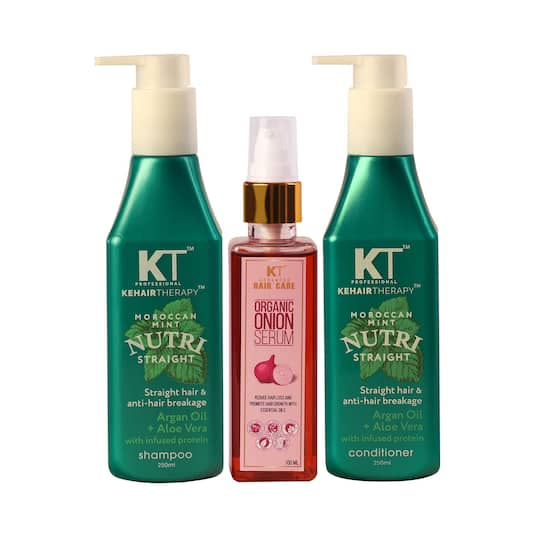 KT Professional Keratin Straight Shampoo & Conditioner + Onion Hair Serum (600ml) (Pack Of 3) Combo