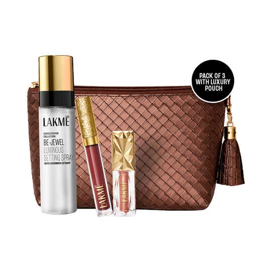 Lakme Bejewel Festive Trio  Liquid Lip - Nude Sparkle Eye Tint - Quartz and Setting Spray (4 pcs)
