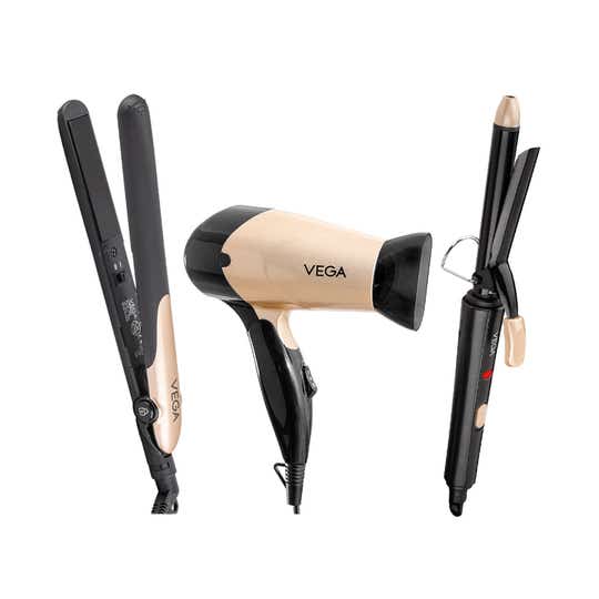 Vega Miss Versatile Styling Set Straightener, Curler & Dryer Gift Combo for Women Black (VHSS-03)