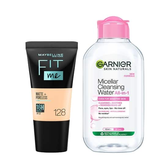 Maybelline New York Fit Me Foundation Tube, 128 with Garnier Micellar Cleansing Water Combo