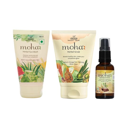 Moha Hydrating Complete Skin Care Face Serum, Herbal Face Wash & Scrub Combo (30 ml+ 100 ml+ 100 g)
