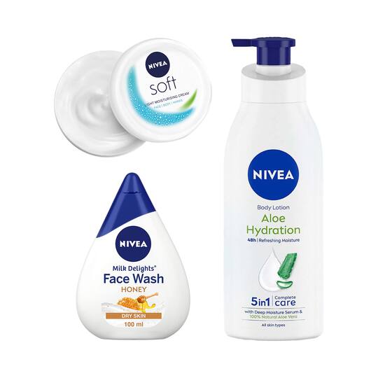 Nivea Milk Delight Facewash, Aloe Hydration Body Lotion & Moisturiser Combo