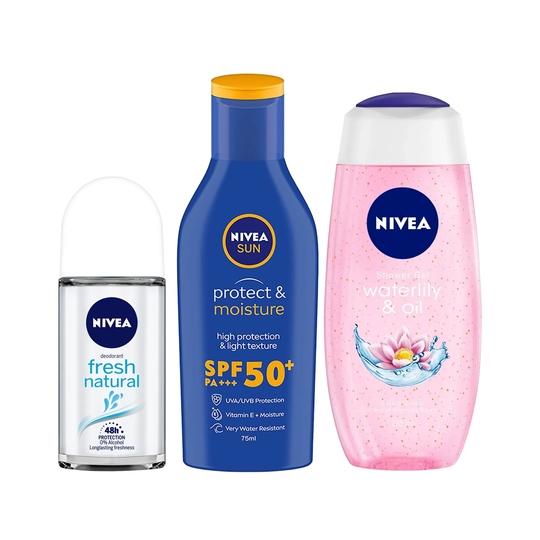 Nivea Water Lily & Oil Body Wash and Fresh Deodorant Roll On, Sun Lotion Summer Essential Combo