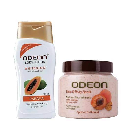 ODEON Skincare Whitening Papaya Body Lotion + Apricot & Almond Face And Body Scrub Combo
