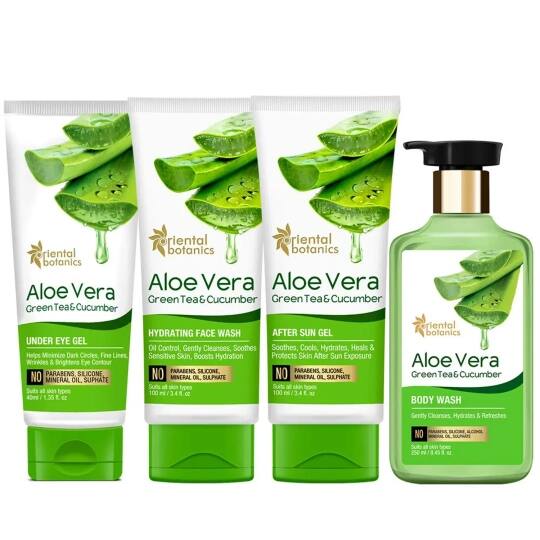 Oriental Botanics Aloe Vera, Green Tea & Cucumber Under Eye Gel + Face Wash + After Sun Gel + Body Wash (4Pcs)