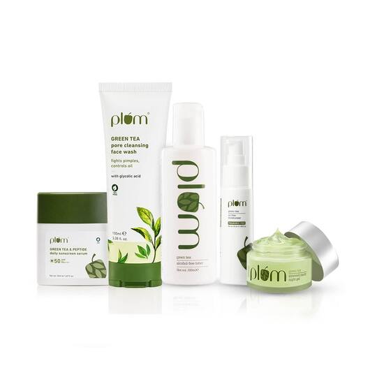 Plum Green Tea Am & Pm Routine Combo Face Wash, Toner, Moisturizer, Sunscreen Serum & Night Gel