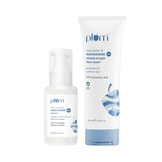 Plum Niacinamide Facewash and Face Serum Combo for Brightening Skin Fades Blemishes & Hydrates