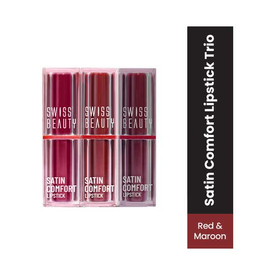 Swiss Beauty Satin Comfort Lipstick Trio 3-In-1 -Red & Maroon (3 pcs)