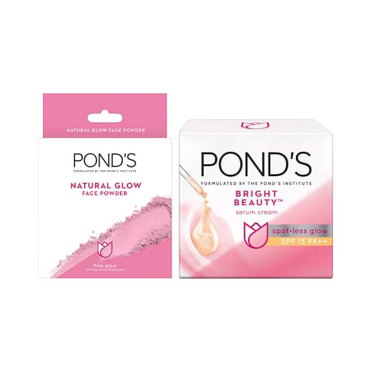 Ponds Natural Glow Face Powder - Pink Glow & Bright Beauty Serum Cream Combo