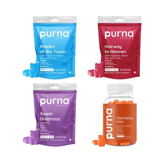Purna Gummies Biotin Blueberry Sugar Free & Biotin Cranberry Sugar, Melatonin & Collagen Combo