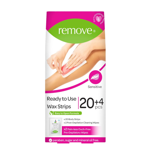 REMOVE Wax Strips 24 Pcs Body Strips Sensitive (20 Body Strips & 2 PainLess, 4 Post Depilation Cleaning Wipes)