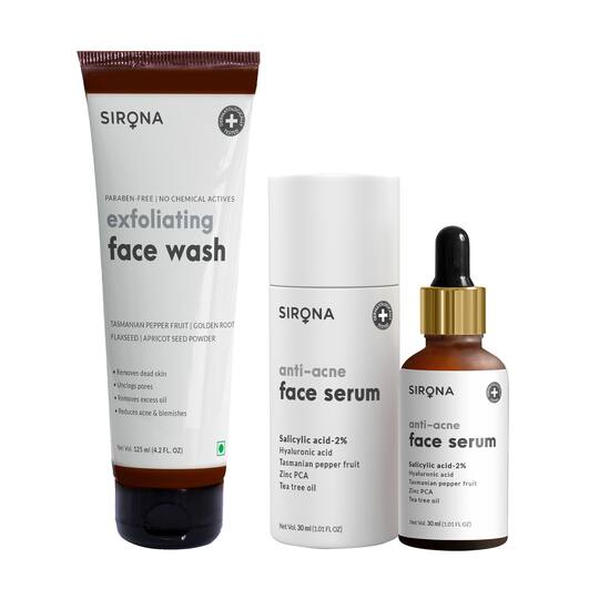 Sirona Anti Acne Face Serum - (30 ml) with Exfoliating Face Wash (125 ml)