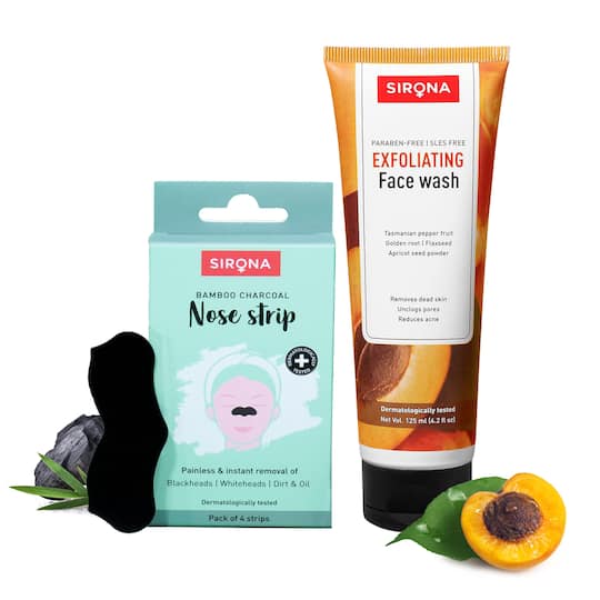 Sirona Women & Men Natural Bamboo Charcoal Nose Strips & Exfoliating Face Wash Combo