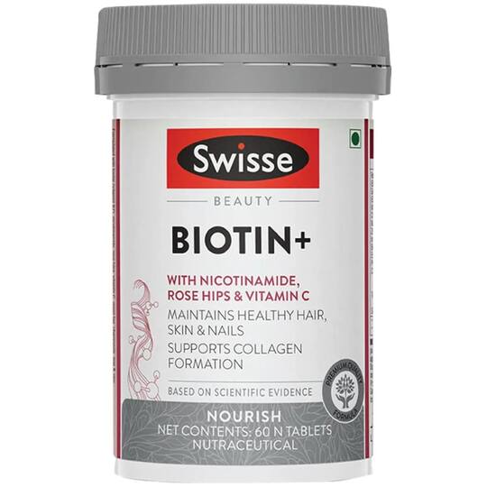 Swisse Beauty Biotin+ With Nicotinamide, Rose Hips & Vitamin C For Healthy Hair, Nourishes Skin & Nails, Supports Collagen Formation (60Tablets)
